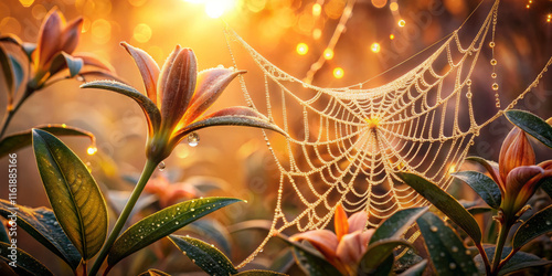 Delicate spider web glistening with dew among vibrant flowers at sunrise
