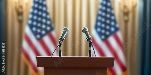 A podium with microphones and American flags in the background, generative AI