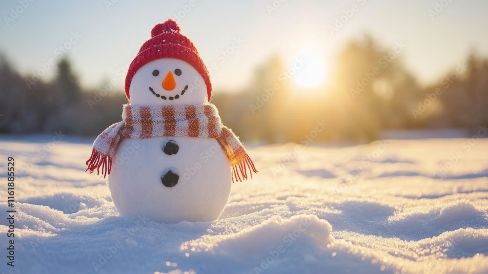 Obraz premium Happy Snowman In Winter Sunset Scene