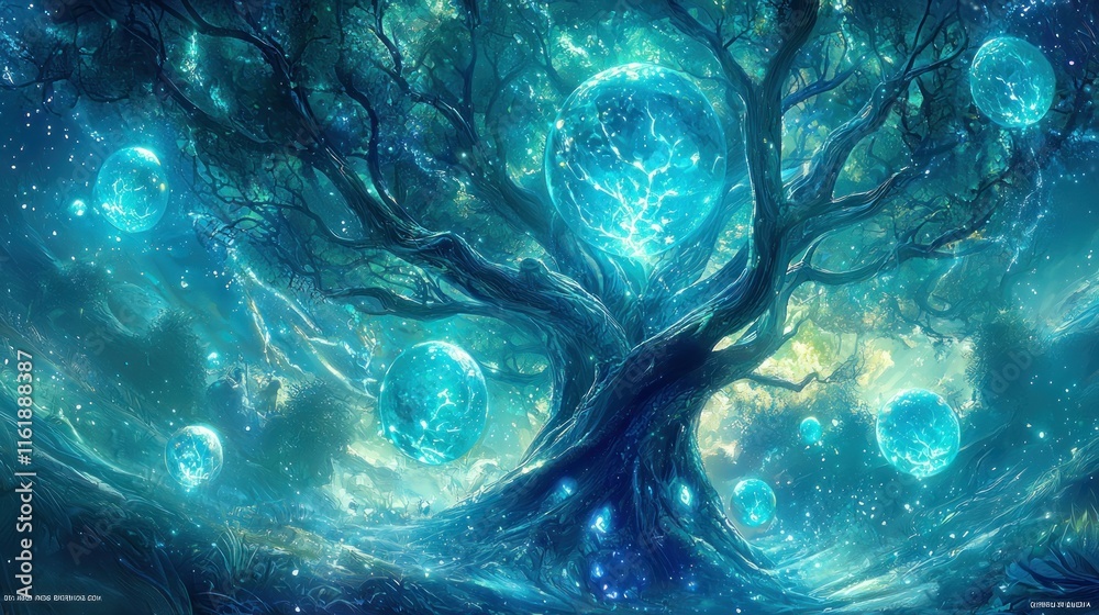 Mystical glowing tree with energy orbs in a fantasy night sky. Mystical glowing tree with energy orbs in a fantasy night sky.