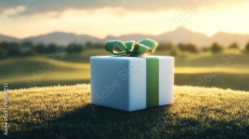 Elegant Gift Box Tied with a Green Ribbon Symbolizing Celebration and Generosity Perfect for Any Special Occasion or Holiday