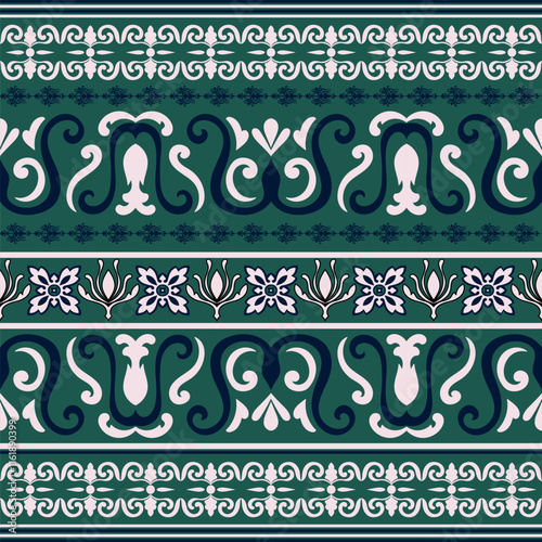 Abstract vintage floral ethnic tribal pattern on green background. Seamless pattern.