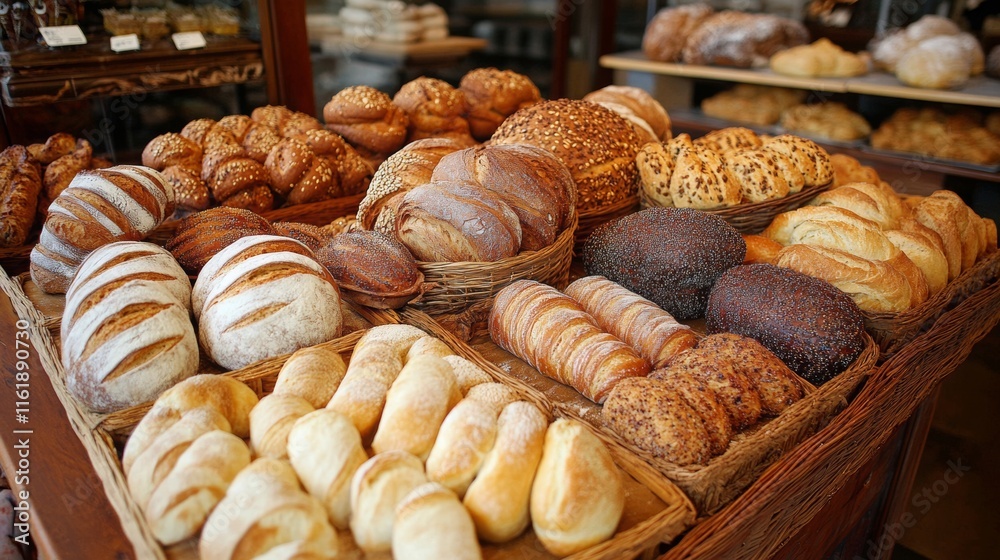 Fresh Bakery Display with Assorted Breads and Pastries Fresh Bakery Display with Assorted Breads and Pastries