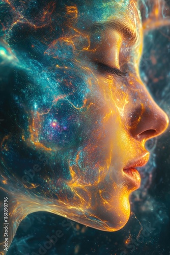 Synergies of Soul and Mind Space Geometry Abstract, Ethereal Double Exposure Portrait, Dreamy Bokeh, Person Face, Dream Avatar, Mental Health Concept Backdrop, State of Mind Concept Art
