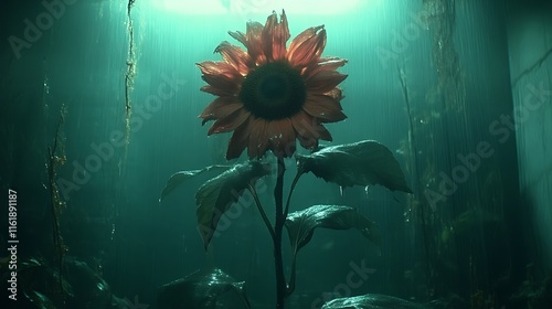 Solitary Sunflower Underneath Rainy Night Sky
