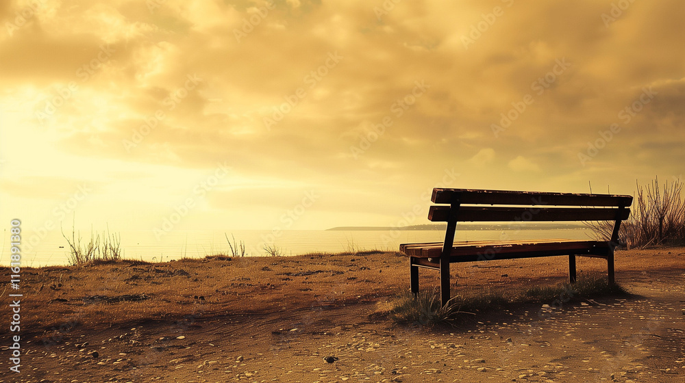 Tranquil Sunset Overlooking the Ocean with a Wooden Bench Set Against a Golden Sky - Perfect for Relaxation and Meditation Themes Tranquil Sunset Overlooking the Ocean with a Wooden Bench Set Against a Golden Sky - Perfect for Relaxation and Meditation Themes