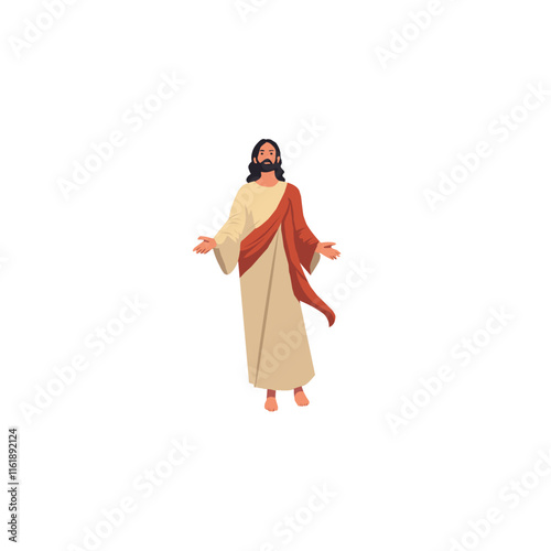 Vector illustration of Jesus Christ during Ascension, depicted with open arms in a welcoming pose. Clad in a beige robe and red sash, standing barefoot on a white background