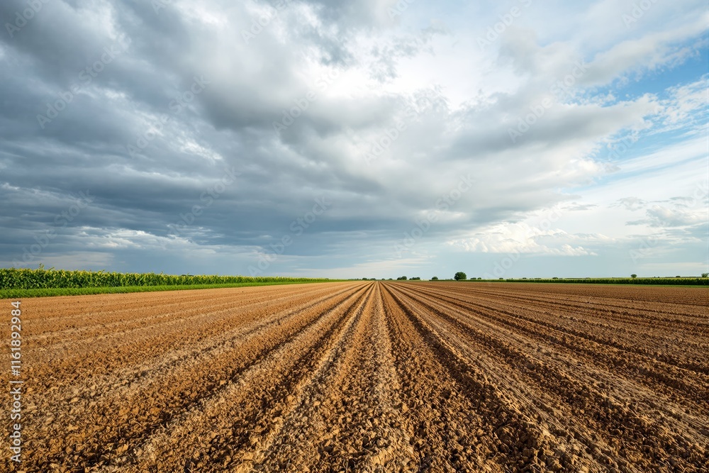 Plowed brown farmland with rows stretching to the horizon under a dramatic cloudy sky, bordered by green vegetation. Concept of agriculture. Ai generative Plowed brown farmland with rows stretching to the horizon under a dramatic cloudy sky, bordered by green vegetation. Concept of agriculture. Ai generative