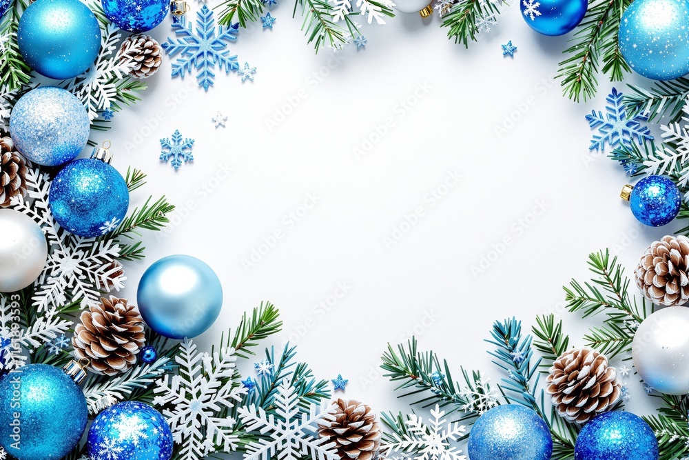 Blue ornaments, snowflakes, pinecones, and fir branches on white backdrop, forming a festive Christmas and New Year design template. Ai generative