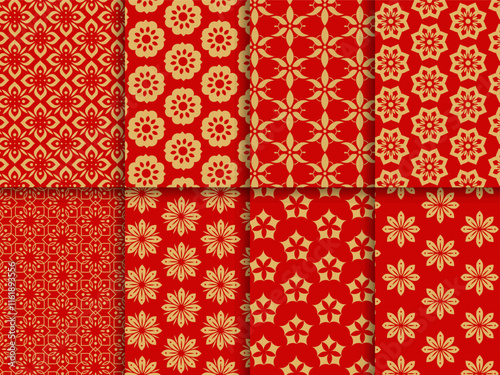Chinese Auspicious Seamless Patterns on Red Background