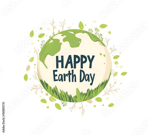 Happy Earth Day logo, green and white text with leaves