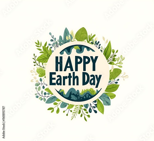 Happy Earth Day logo, green and white text with leaves