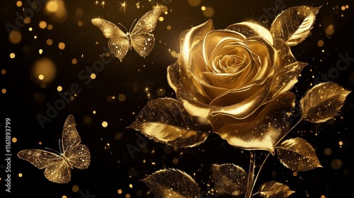 Fototapeta Naklejka Na Ścianę i Meble -  A gold rose with butterflies on it