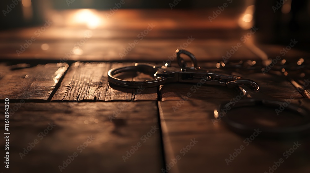 Handcuffs resting on a wooden table with a blurred background, symbolizing restraint and the complexity of freedom and confinement Handcuffs resting on a wooden table with a blurred background, symbolizing restraint and the complexity of freedom and confinement