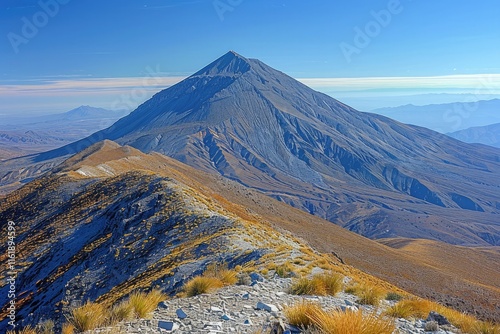 A majestic mountain peak with rainbow-colored clouds photo