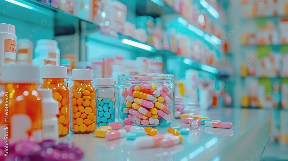 A colorful pills and tablets on a counter in a pharmacy. A colorful pills and tablets on a counter in a pharmacy.