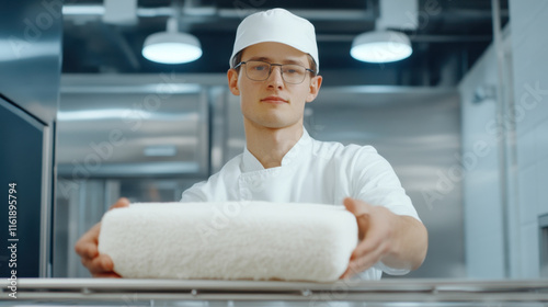 Instant noodle factory, A photorealistic image of a worker loading noodles, showcasing intricate details and vibrant colors in a dynamic setting. photo