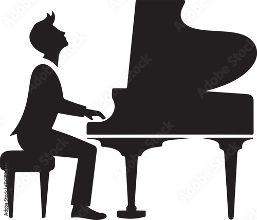 Pianist Silhouette Playing Grand Piano Musical Performance Vector Art