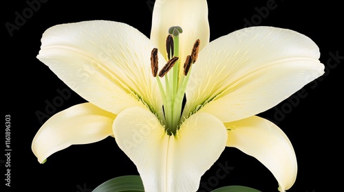 of a single yellow lily, highlighting the rich texture of the petals and the fine details of its pollen and stamens.  photo