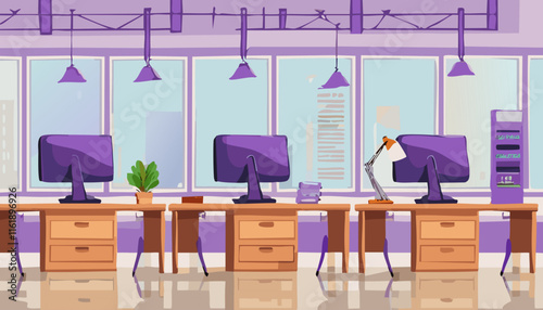 Office interior with desk, computer and lamp. Vector illustration in flat style