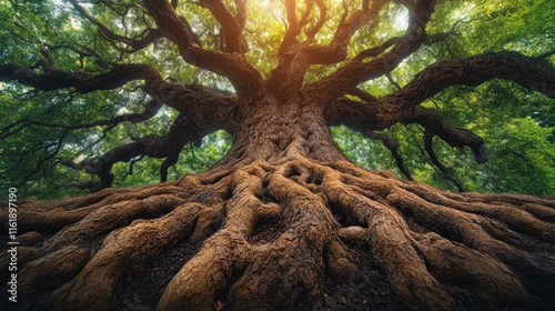 Majestic ancient tree with sprawling roots and sunlit canopy.