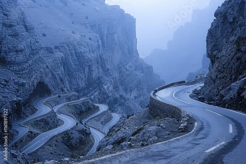 A mountain range with scenic valleys and winding mountain roads photo