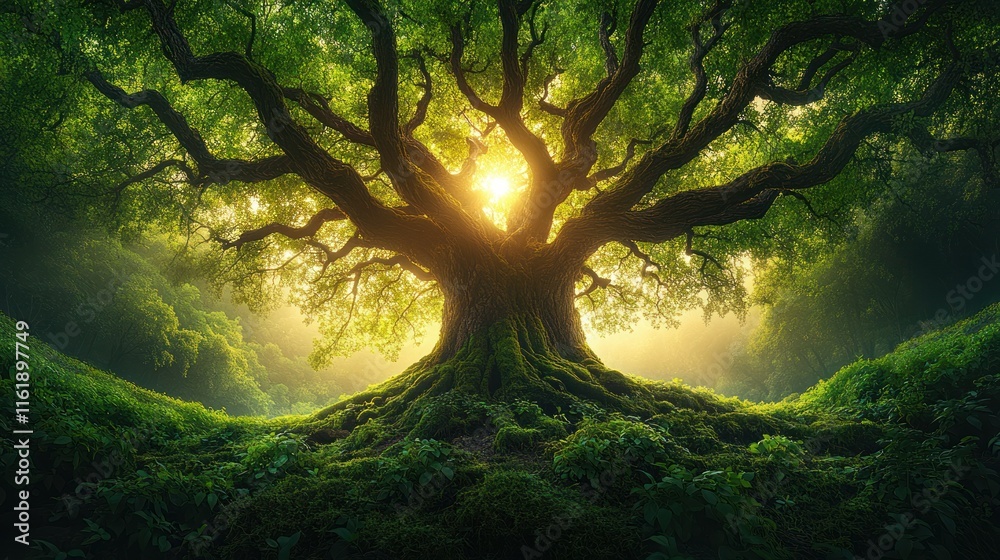 Fototapeta premium Majestic ancient tree with sun rays.