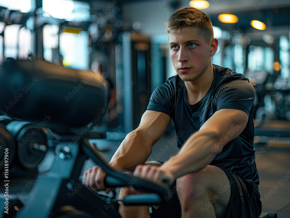 Athletic man working out on an exercise bike at a gym focusing on fitness goals and a healthy lifestyle with modern equipment Athletic man working out on an exercise bike at a gym focusing on fitness goals and a healthy lifestyle with modern equipment