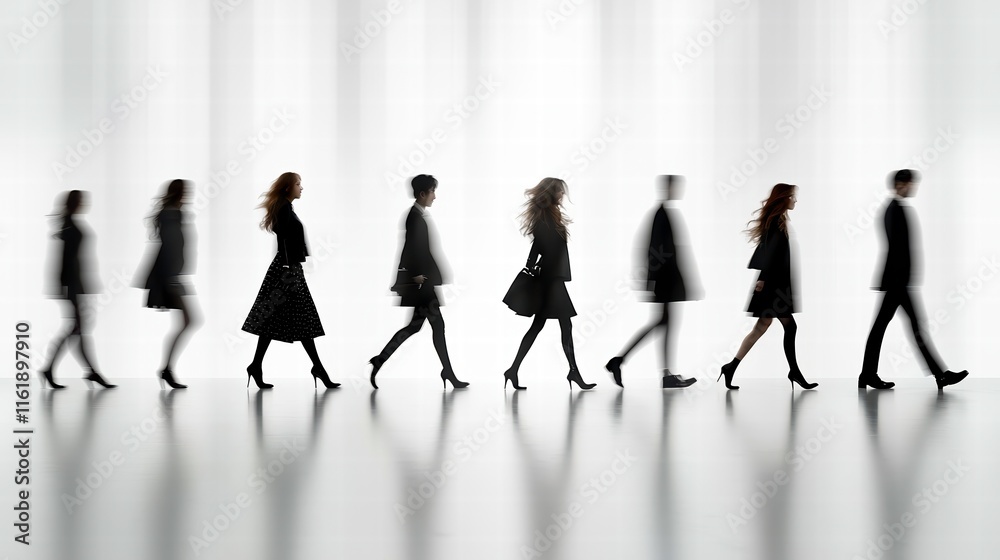Fototapeta premium Dynamic Silhouettes of People in Various Poses Urban Setting High Fidelity Images Minimalistic Environment Side View Dramatic Concept