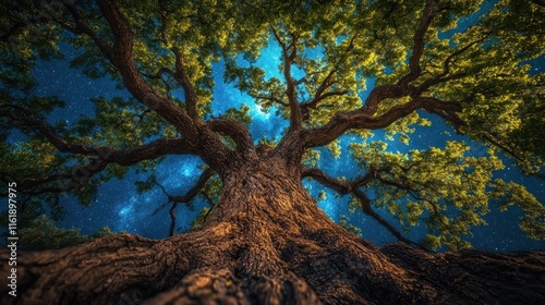 Majestic oak tree at night, viewed from below, showcasing its vast branches against a starry sky.