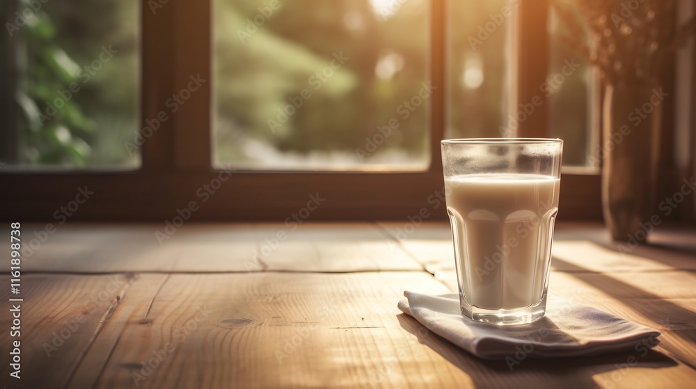 Refreshing glass of fresh creamy milk placed on a rustic wooden table with warm streaming sunlight creating a peaceful calming ambiance This natural Refreshing glass of fresh creamy milk placed on a rustic wooden table with warm streaming sunlight creating a peaceful calming ambiance This natural