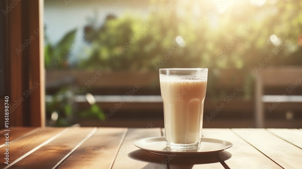 Closeup of a glass of fresh pure milk placed on a rustic wooden table with warm natural sunlight streaming in creating a peaceful calming and classic still life scene Closeup of a glass of fresh pure milk placed on a rustic wooden table with warm natural sunlight streaming in creating a peaceful calming and classic still life scene