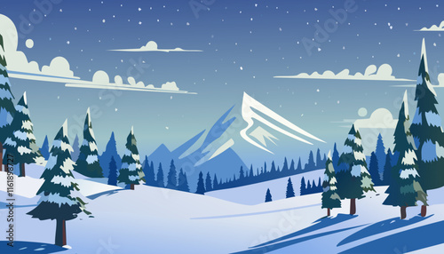 Winter landscape with fir trees, mountains and snowflakes. Vector illustration.