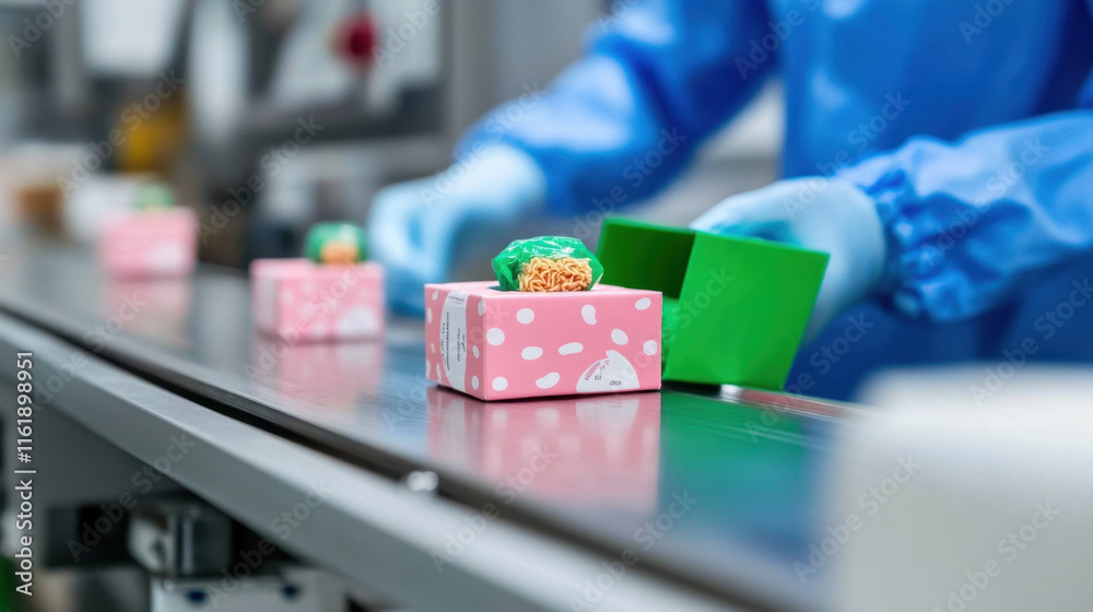 Instant noodle factory, A vibrant image showing rows of instant noodle packages rolling down a conveyor belt, highlighting packaging and food production processes. Instant noodle factory, A vibrant image showing rows of instant noodle packages rolling down a conveyor belt, highlighting packaging and food production processes.