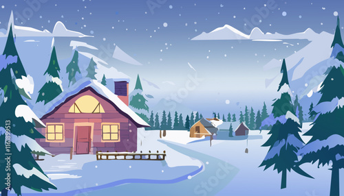 Winter landscape with a wooden house in the forest. Vector illustration.