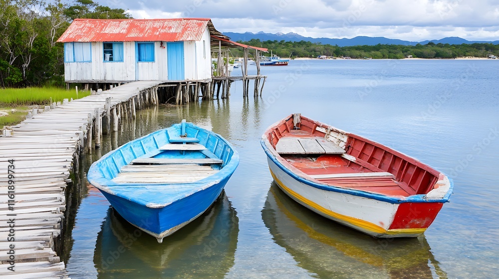 Obraz premium Colorful Boats Moored at Rustic Waterfront House