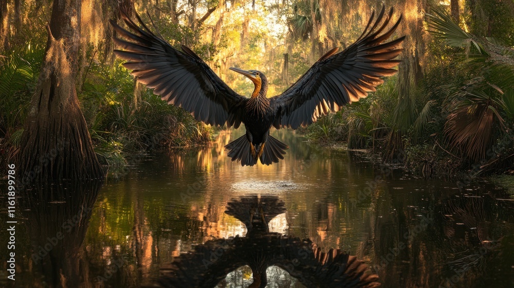 Fototapeta premium Anhinga bird landing on water in swamp at sunset, wings spread wide, reflection visible.