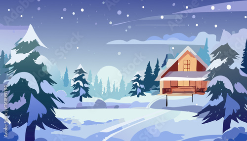 Winter landscape with house, trees and snowflakes. Vector illustration.