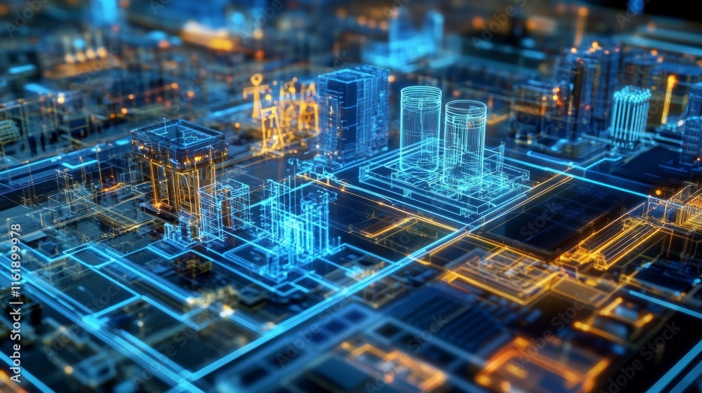 A computer generated image of a city with buildings and a lot of wires A computer generated image of a city with buildings and a lot of wires