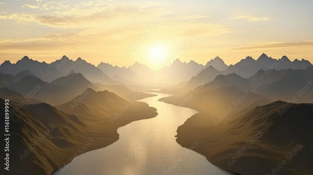 Naklejka premium Serene sunset over a winding river in a mountainous valley.