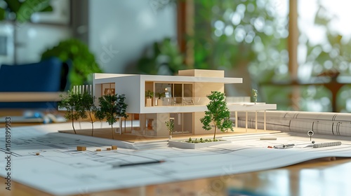 Architectural model of a modern house with plants and tools