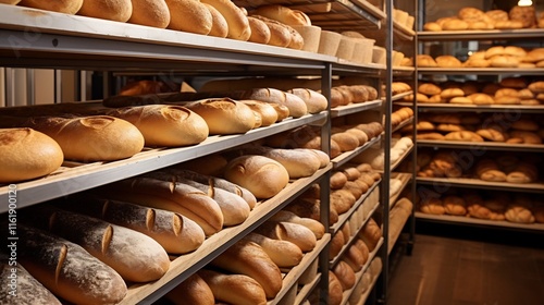 Efficient commercial bakery featuring a clean and organized workspace producing a variety of pre packaged breads pastries and other baked goods