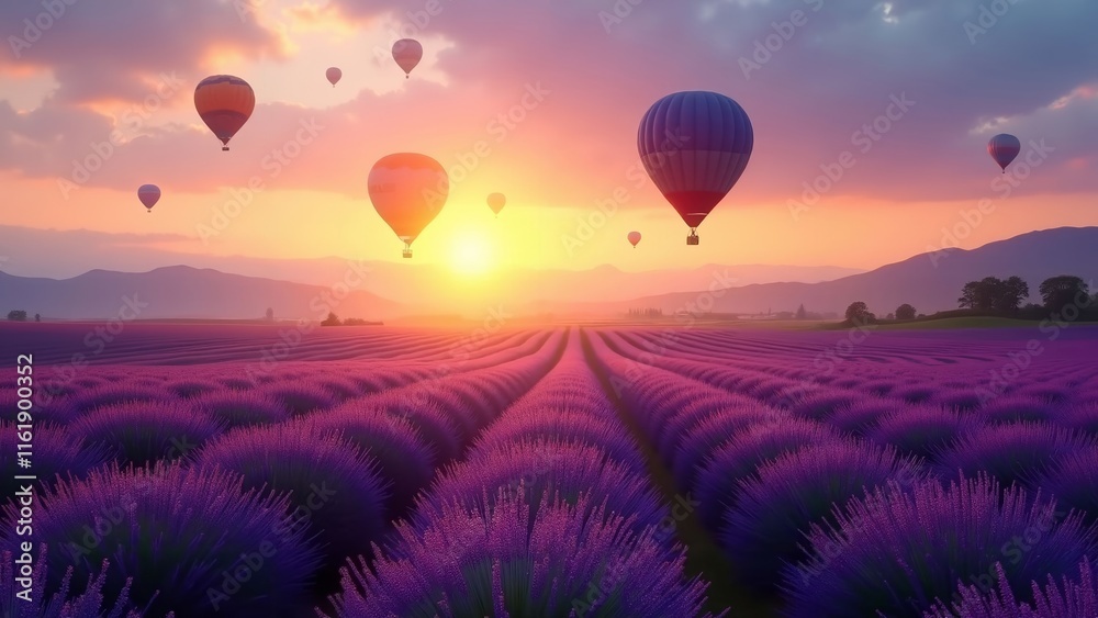 Fototapeta premium Lavender Fields at Sunset with Hot Air Balloons