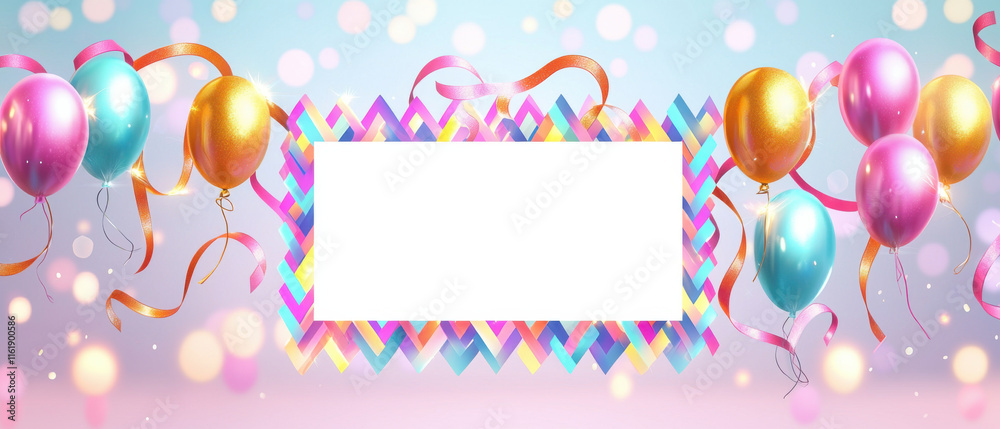Colorful balloons and ribbons frame blank white space Colorful balloons and ribbons frame blank white space