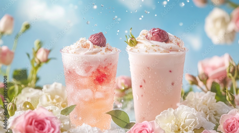 Two cups of pink drinks with raspberries on top Two cups of pink drinks with raspberries on top