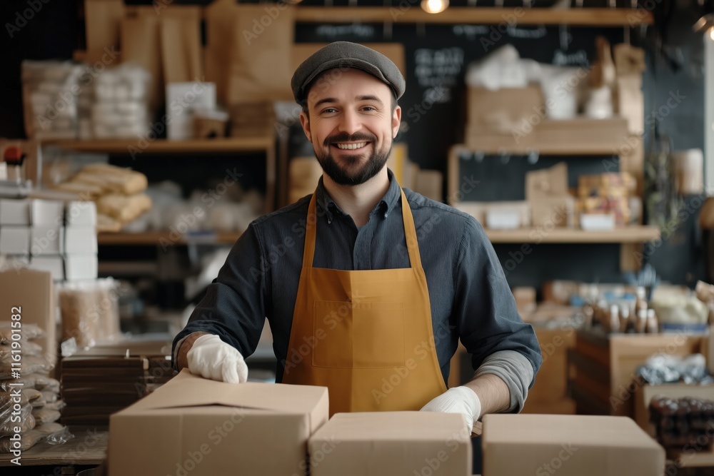 A smiling packer, picker man in a gray cap and apron stands behind a counter in a cozy shop, preparing packages. The background features shelves filled with various goods, creating a warm atmosphere. A smiling packer, picker man in a gray cap and apron stands behind a counter in a cozy shop, preparing packages. The background features shelves filled with various goods, creating a warm atmosphere.
