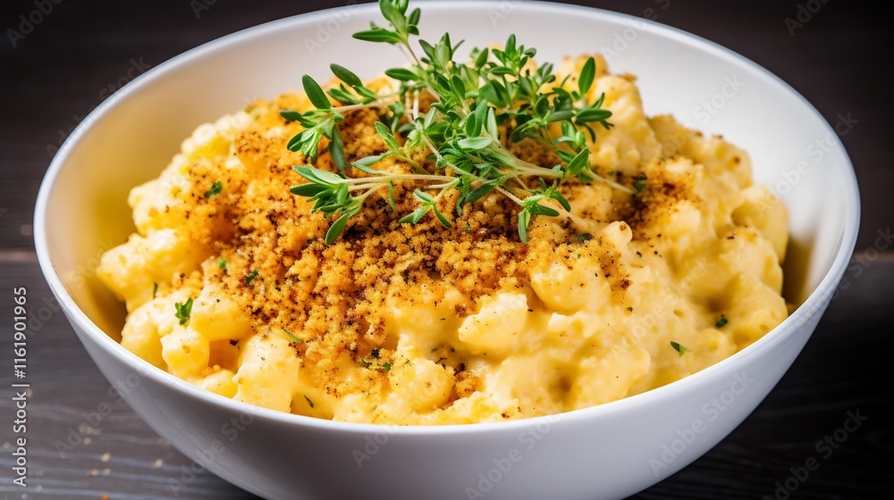 Delectable creamy vegan mac and cheese dish served in a white bowl with a crunchy breadcrumb topping offering a comforting and indulgent plant based meal Delectable creamy vegan mac and cheese dish served in a white bowl with a crunchy breadcrumb topping offering a comforting and indulgent plant based meal