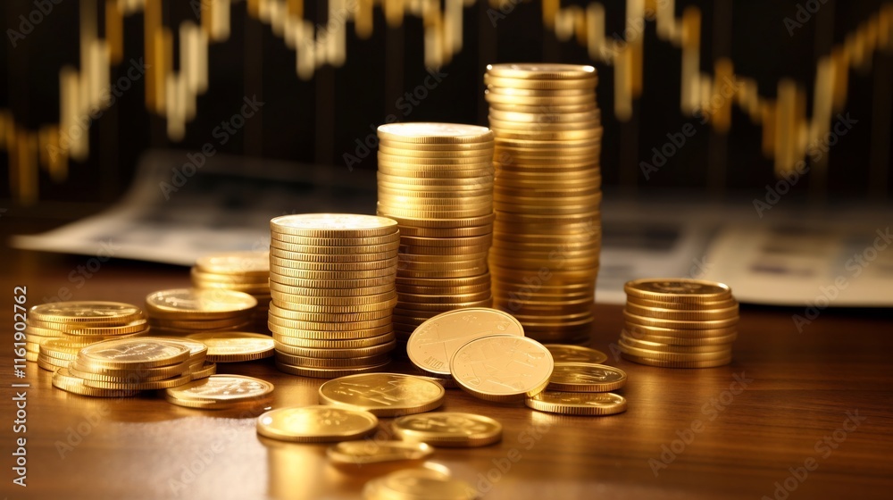Stacks of shiny gold coins and bundles of paper currency with a financial chart or graph in the background illustrating the concept of wealth investment and financial growth Stacks of shiny gold coins and bundles of paper currency with a financial chart or graph in the background illustrating the concept of wealth investment and financial growth