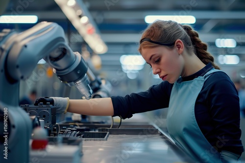 A man is working on a robot in a factory