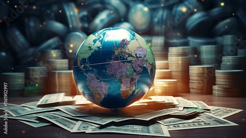 Globe placed on top of financial reports currency notes and other business documents symbolizing global economic and financial planning international strategy and leadership in the corporate world photo